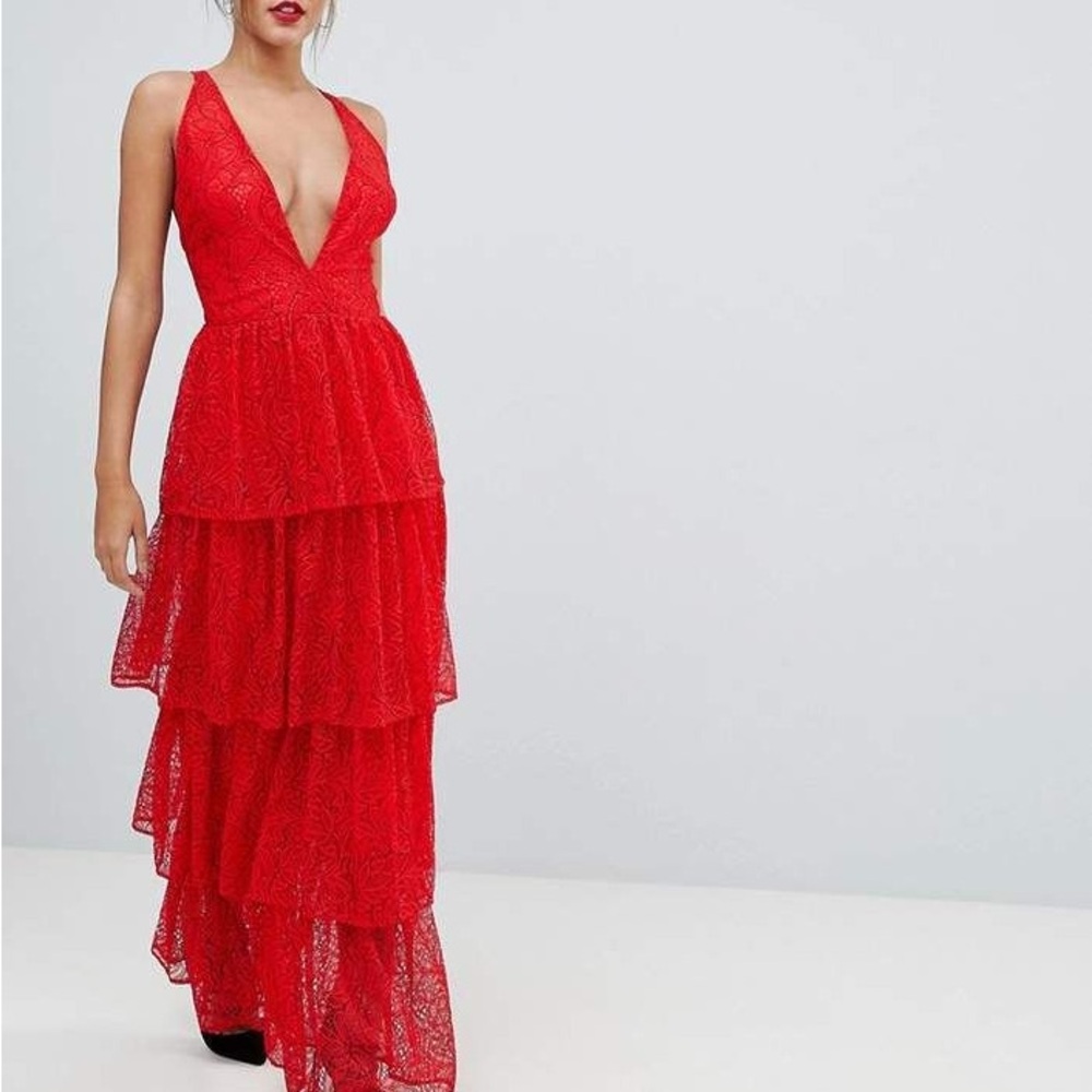 Missguided Red Tiered Lace Maxi Dress